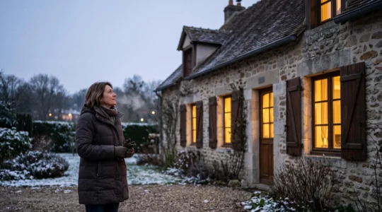 Propriétaire pensif devant sa maison française traditionnelle en hiver, réfléchissant à ses besoins réels de chauffage