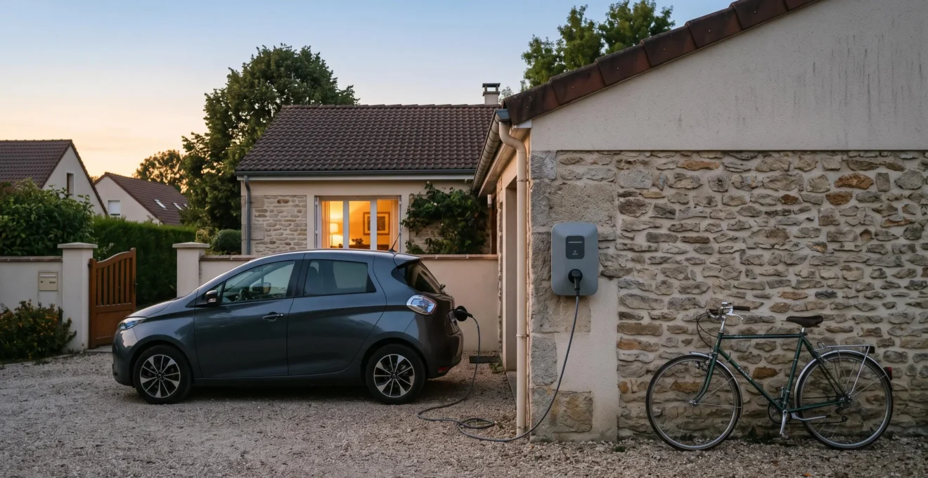 Borne de recharge murale installée dans un garage de maison individuelle française avec un véhicule électrique branché au crépuscule