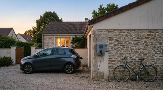 Borne de recharge murale installée dans un garage de maison individuelle française avec un véhicule électrique branché au crépuscule