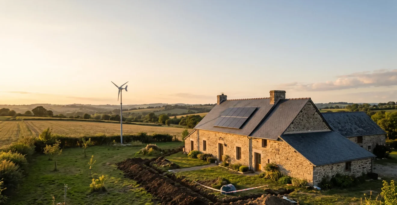 Maison de campagne française équipée de panneaux solaires avec une petite éolienne domestique et un terrain propice à la géothermie, illustrant le choix entre énergies renouvelables