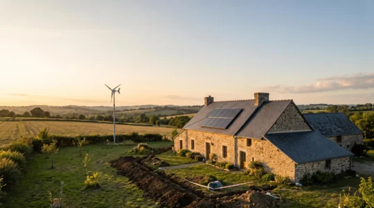 Maison de campagne française équipée de panneaux solaires avec une petite éolienne domestique et un terrain propice à la géothermie, illustrant le choix entre énergies renouvelables
