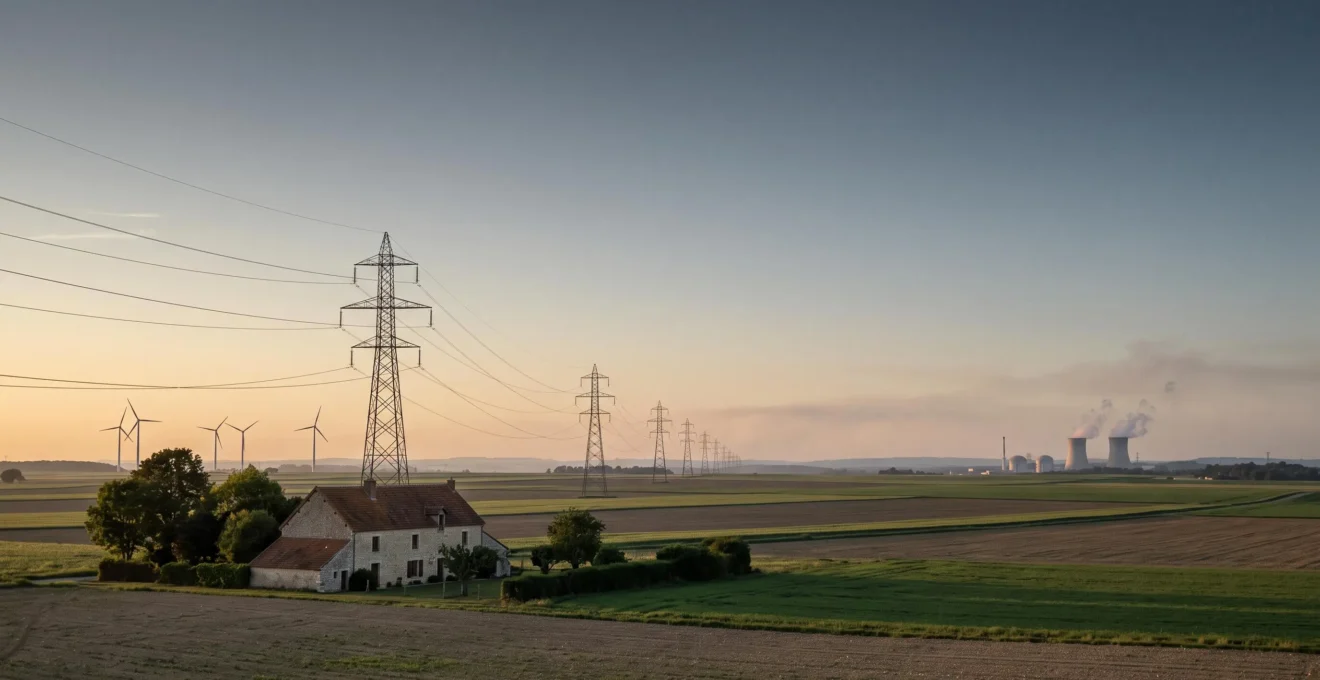 Paysage rural français au crépuscule montrant des pylônes électriques, des tours de refroidissement nucléaires et des éoliennes se détachant à l'horizon, symbolisant le mix énergétique caché derrière chaque prise électrique.