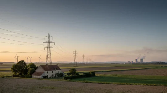 Paysage rural français au crépuscule montrant des pylônes électriques, des tours de refroidissement nucléaires et des éoliennes se détachant à l'horizon, symbolisant le mix énergétique caché derrière chaque prise électrique.