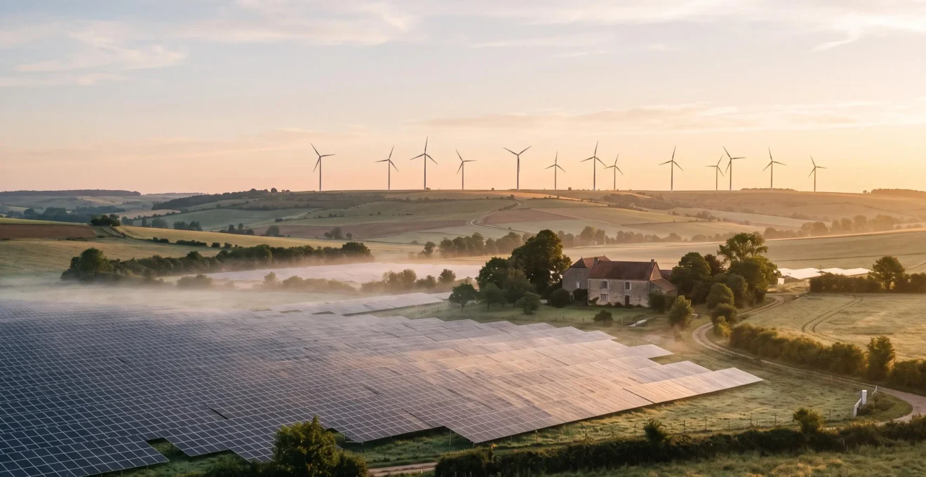 Panneaux solaires et éoliennes dans la campagne française au lever du jour, symbolisant la vraie électricité renouvelable