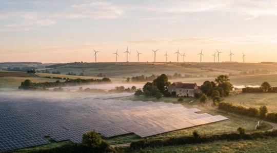 Panneaux solaires et éoliennes dans la campagne française au lever du jour, symbolisant la vraie électricité renouvelable