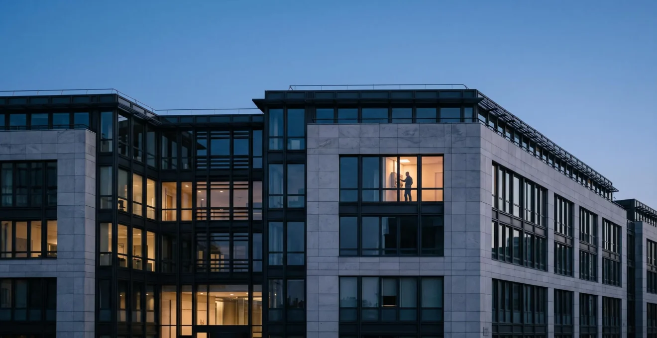 Immeuble de bureaux français au crépuscule illustrant le pilotage intelligent de l'énergie entre fenêtres éclairées et éteintes