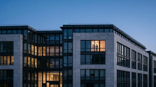 Immeuble de bureaux français au crépuscule illustrant le pilotage intelligent de l'énergie entre fenêtres éclairées et éteintes