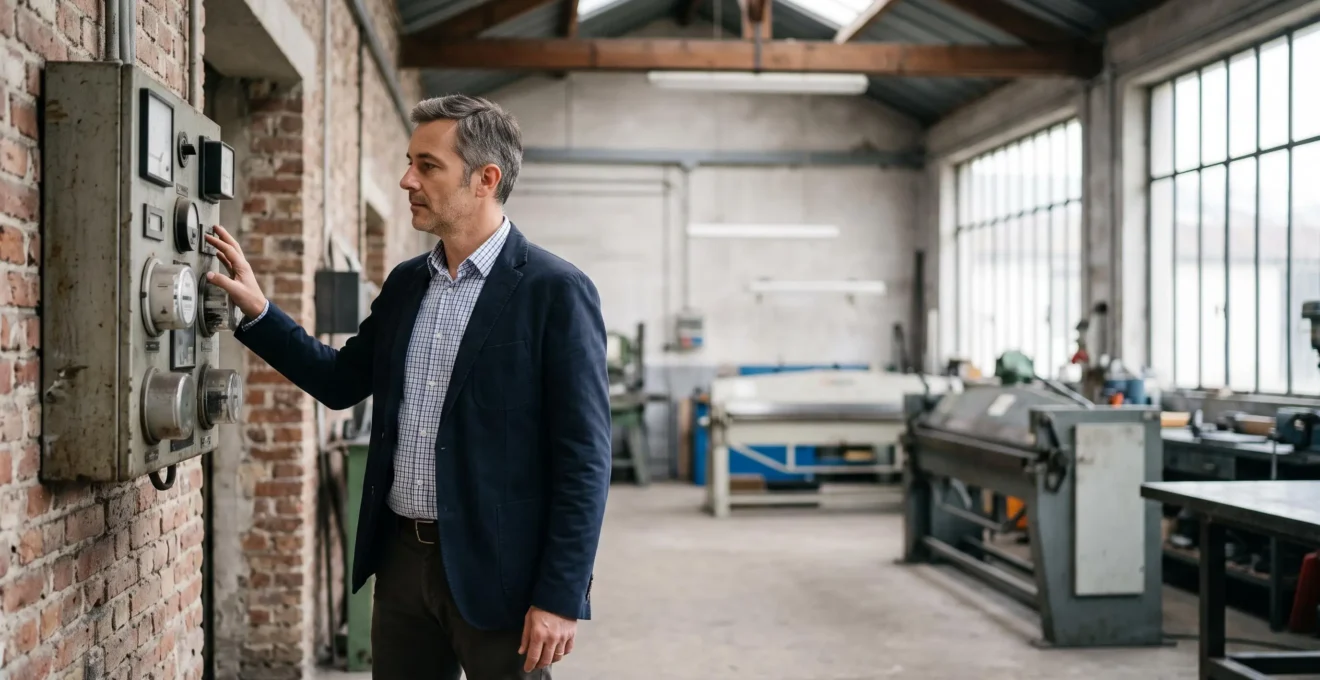 Dirigeant de PME francaise consultant un compteur energetique industriel dans un atelier lumineux, symbolisant le pilotage de l'energie sans recruter un responsable dedie