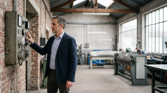 Dirigeant de PME francaise consultant un compteur energetique industriel dans un atelier lumineux, symbolisant le pilotage de l'energie sans recruter un responsable dedie