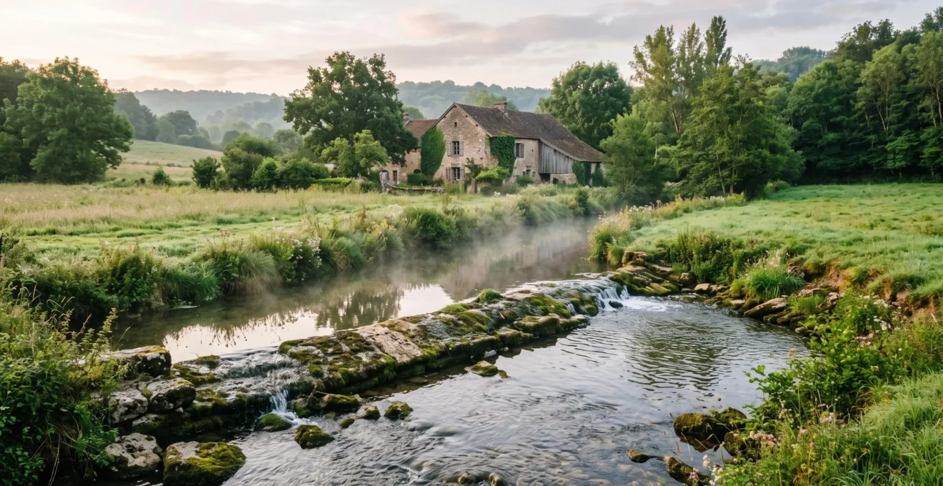 Photographie d'une propriété rurale française traversée par un petit cours d'eau valorisé pour produire de l'électricité