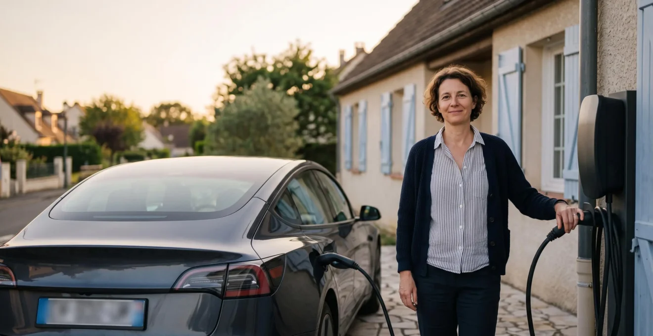 Conducteur français serein rechargeant sa voiture électrique devant une maison au crépuscule, symbole de sérénité budgétaire et d'autonomie maîtrisée