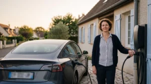 Conducteur français serein rechargeant sa voiture électrique devant une maison au crépuscule, symbole de sérénité budgétaire et d'autonomie maîtrisée
