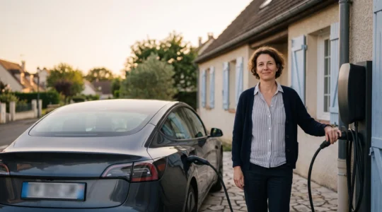 Conducteur français serein rechargeant sa voiture électrique devant une maison au crépuscule, symbole de sérénité budgétaire et d'autonomie maîtrisée