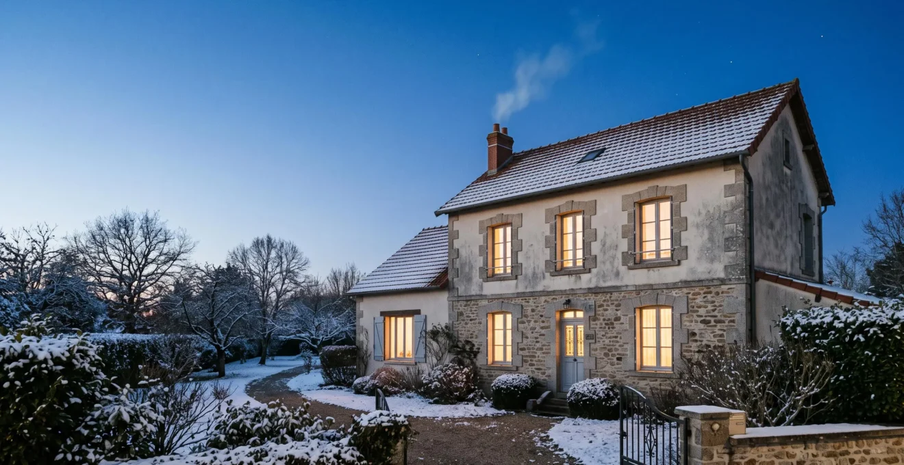 Maison francaise a la tombee de la nuit en hiver, fenetres illuminees d'une lumiere chaude symbolisant un chauffage regule et econome