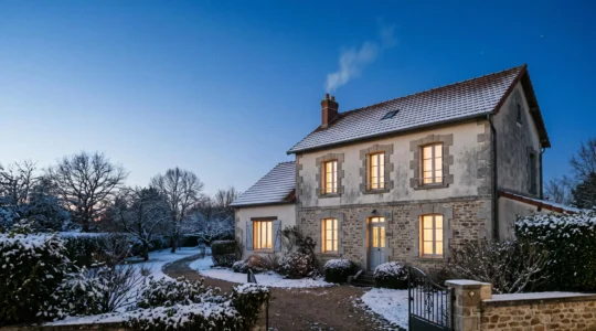Maison francaise a la tombee de la nuit en hiver, fenetres illuminees d'une lumiere chaude symbolisant un chauffage regule et econome