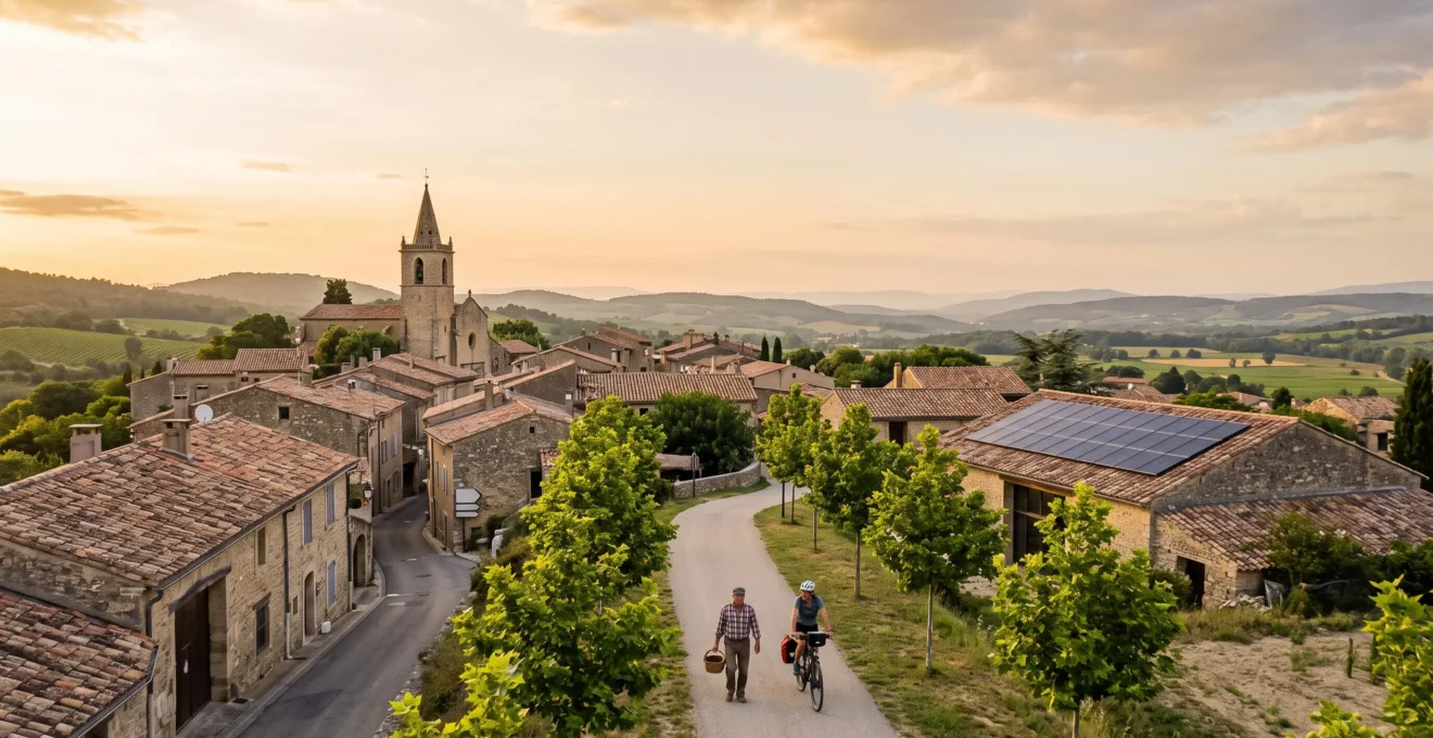 Vue d'ensemble d'un village français mêlant patrimoine ancien et installations d'énergie renouvelable dans un paysage rural verdoyant