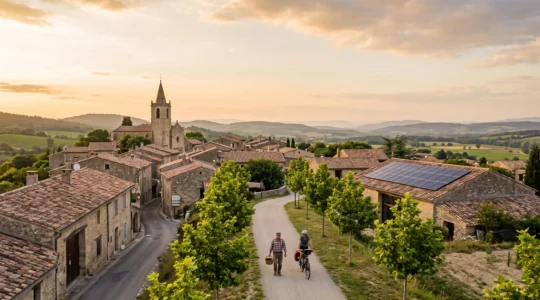 Vue d'ensemble d'un village français mêlant patrimoine ancien et installations d'énergie renouvelable dans un paysage rural verdoyant