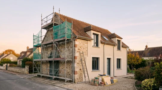 Maison française en pleine rénovation énergétique globale, échafaudage sur une façade, lumière du matin, symbole d'un chantier unique et coordonné