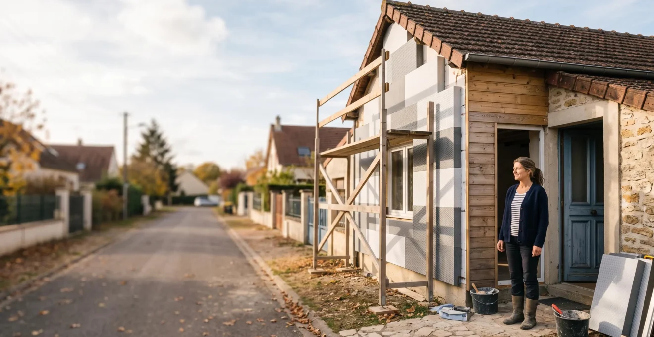 Foyer aux revenus modestes devant sa maison en cours de rénovation énergétique en France