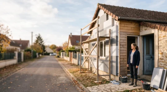 Foyer aux revenus modestes devant sa maison en cours de rénovation énergétique en France