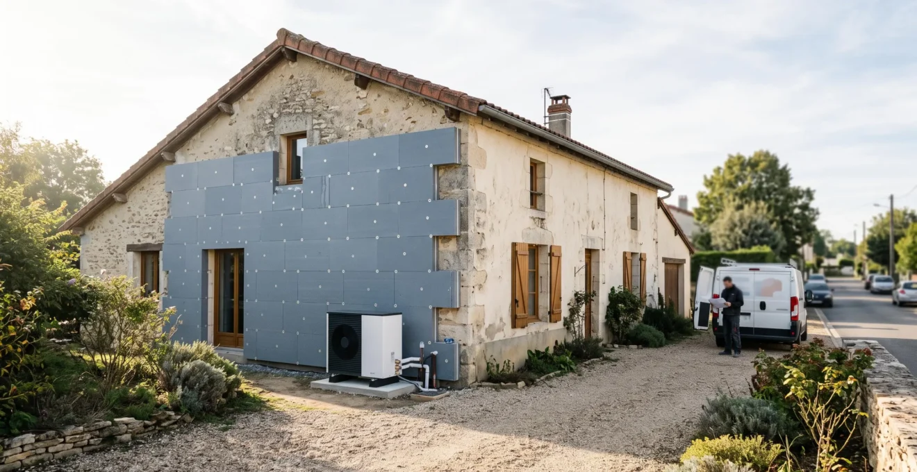 Façade d'une maison française en cours de rénovation énergétique, illustrant les travaux d'isolation et de chauffage éligibles à la TVA réduite