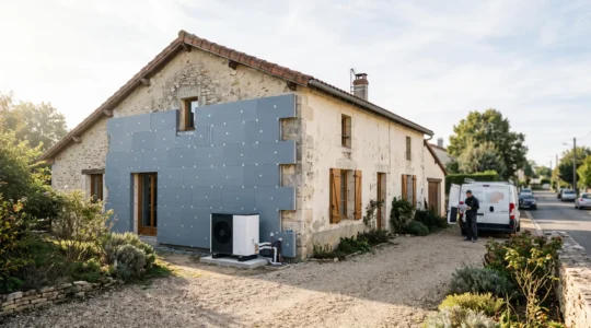 Façade d'une maison française en cours de rénovation énergétique, illustrant les travaux d'isolation et de chauffage éligibles à la TVA réduite