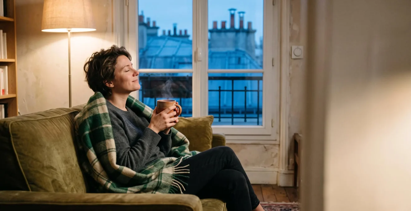 Personne installée confortablement sous un plaid dans un salon français chaleureux, illustrant la sobriété énergétique sans perte de confort