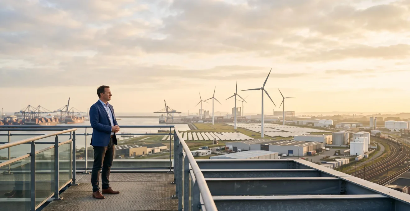 Dirigeant d'entreprise observant un site industriel en transition énergétique au lever du soleil, symbole de croissance verte rentable