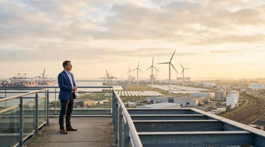 Dirigeant d'entreprise observant un site industriel en transition énergétique au lever du soleil, symbole de croissance verte rentable