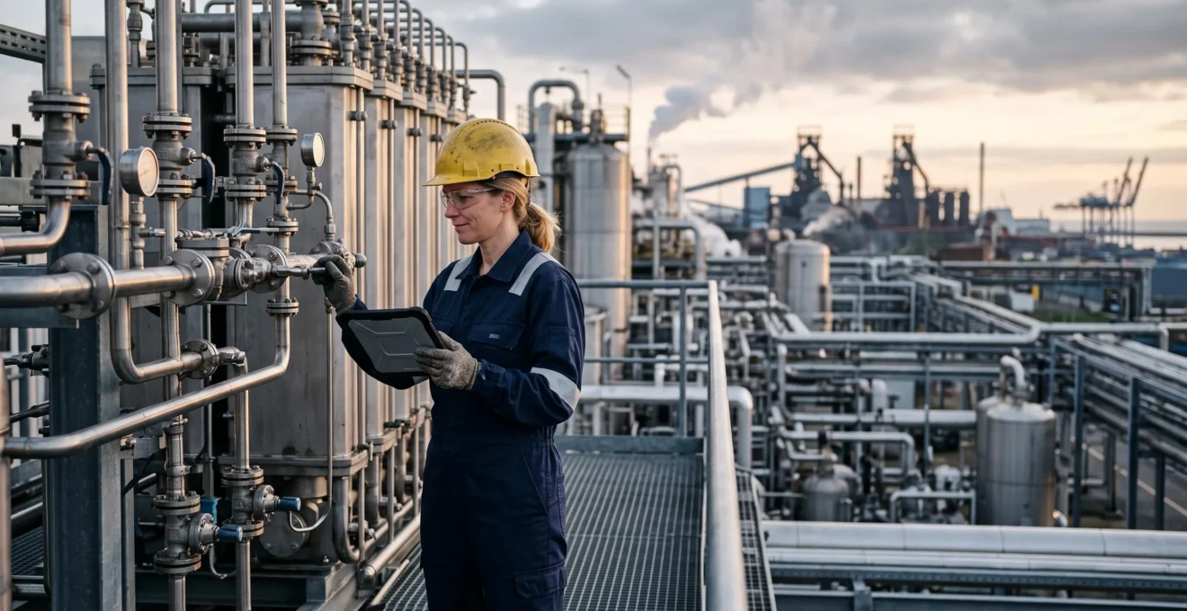 Ingénieur observant une installation d'électrolyseur hydrogène au sein d'un site industriel français au lever du jour