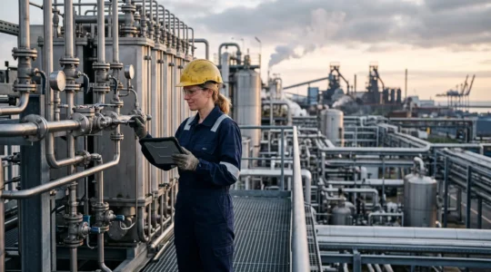 Ingénieur observant une installation d'électrolyseur hydrogène au sein d'un site industriel français au lever du jour