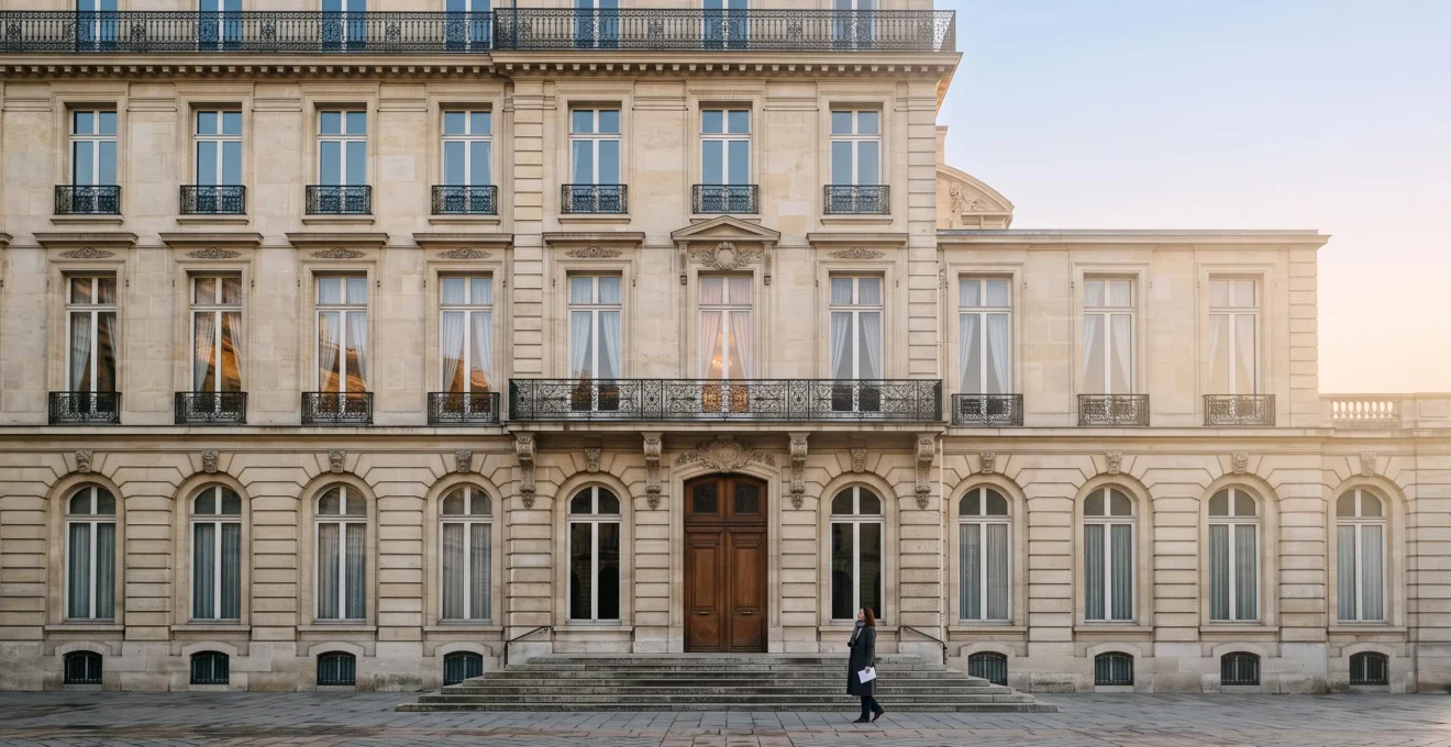 Vue symbolique d'un bâtiment administratif français au lever du jour, illustrant la veille des textes réglementaires sur l'énergie