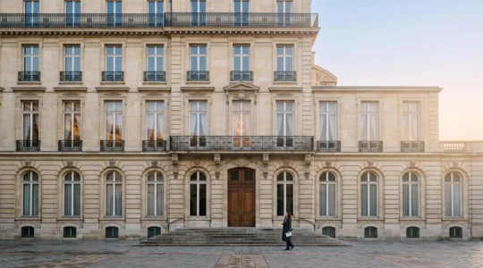 Vue symbolique d'un bâtiment administratif français au lever du jour, illustrant la veille des textes réglementaires sur l'énergie