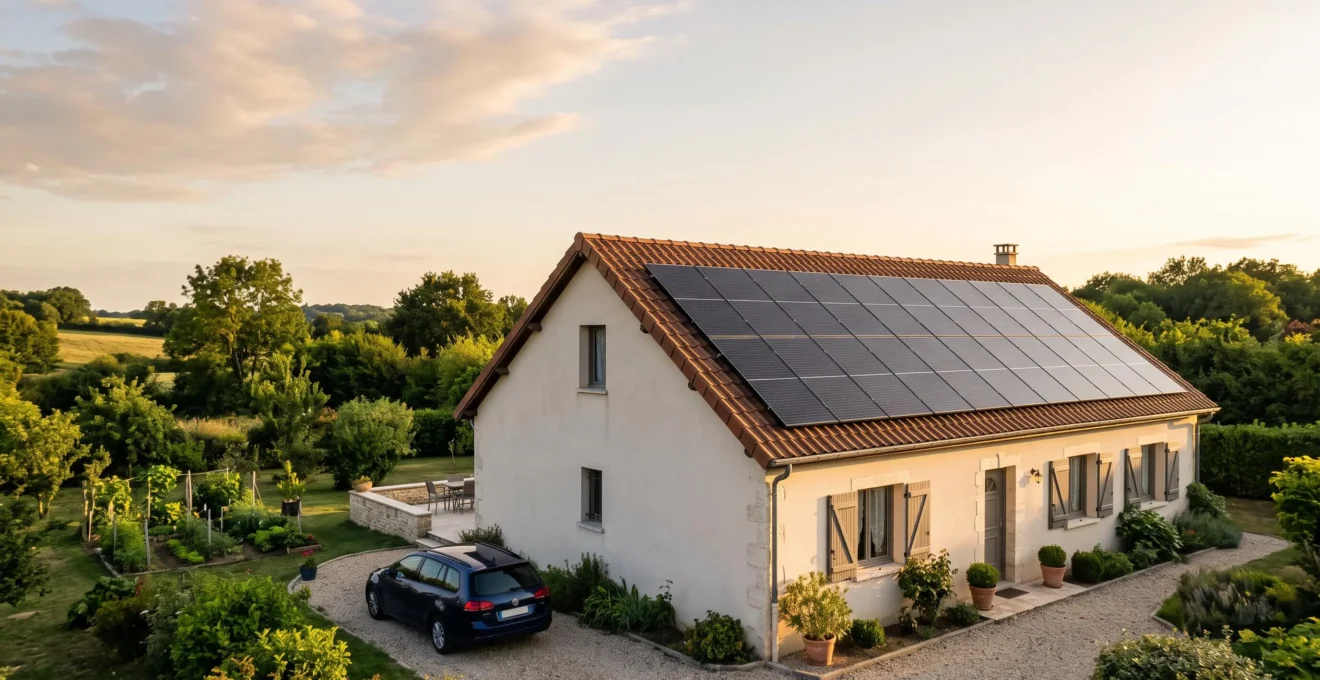 Toiture d'une maison française équipée de panneaux photovoltaïques sous un ciel lumineux, symbolisant l'autoconsommation solaire