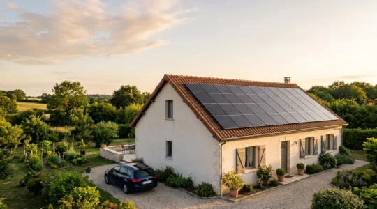 Toiture d'une maison française équipée de panneaux photovoltaïques sous un ciel lumineux, symbolisant l'autoconsommation solaire