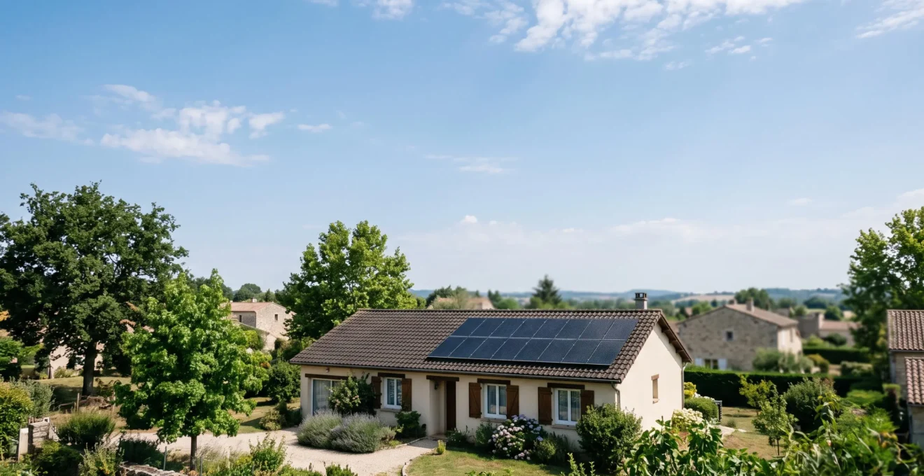 Maison française avec toiture photovoltaïque au moment du pic de production solaire en milieu de journée