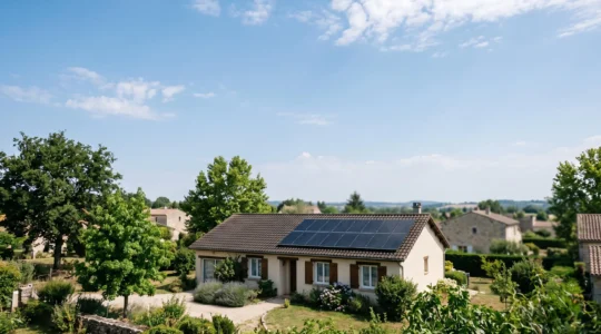Maison française avec toiture photovoltaïque au moment du pic de production solaire en milieu de journée