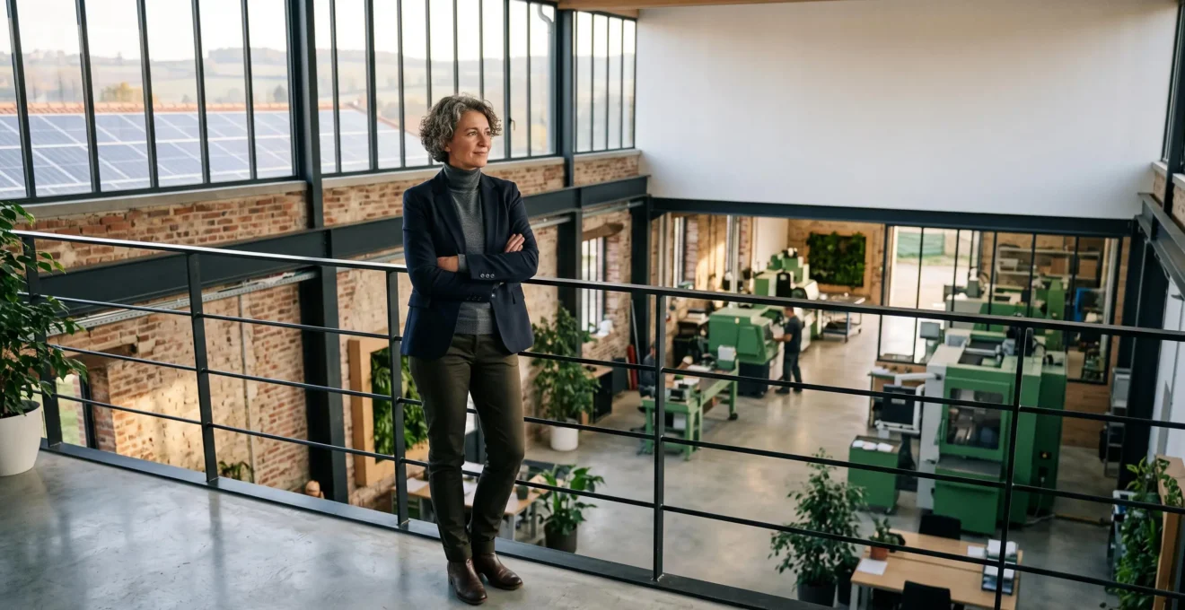 Dirigeant observant une usine française modernisée et durable au lever du jour, symbole d'une transformation écologique rentable