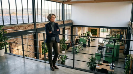 Dirigeant observant une usine française modernisée et durable au lever du jour, symbole d'une transformation écologique rentable