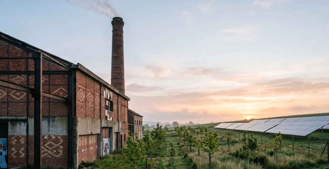 Bâtiment industriel français en transition énergétique, entre cheminée et paysage végétalisé, symbolisant la neutralité carbone authentique