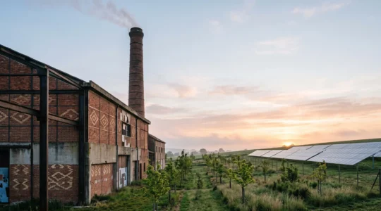 Bâtiment industriel français en transition énergétique, entre cheminée et paysage végétalisé, symbolisant la neutralité carbone authentique