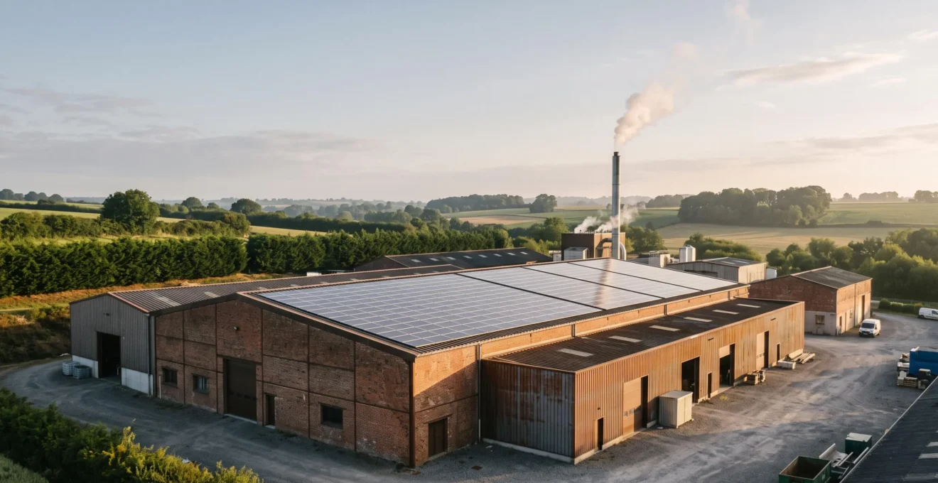 Site industriel français équipé de panneaux solaires en toiture et d'infrastructures énergétiques bas-carbone au lever du soleil