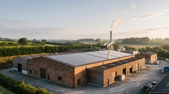 Site industriel français équipé de panneaux solaires en toiture et d'infrastructures énergétiques bas-carbone au lever du soleil