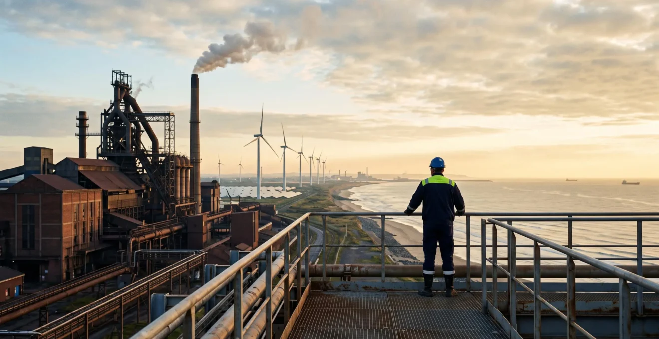 Vue symbolique d'un site industriel français en transition vers des solutions énergétiques innovantes, entre éoliennes, panneaux solaires et architecture industrielle