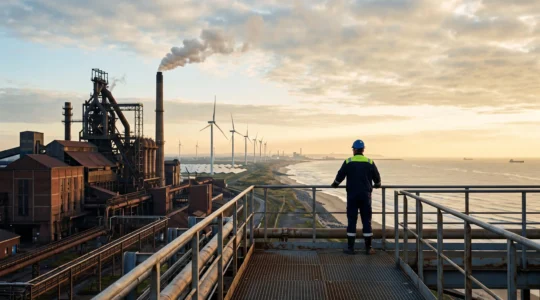 Vue symbolique d'un site industriel français en transition vers des solutions énergétiques innovantes, entre éoliennes, panneaux solaires et architecture industrielle