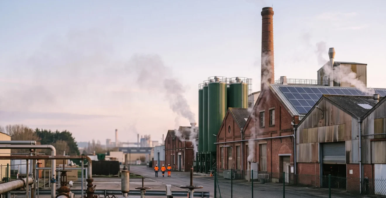 Site industriel français en pleine transition énergétique, chaudière biomasse et panneaux solaires coexistant avec les lignes de production actives