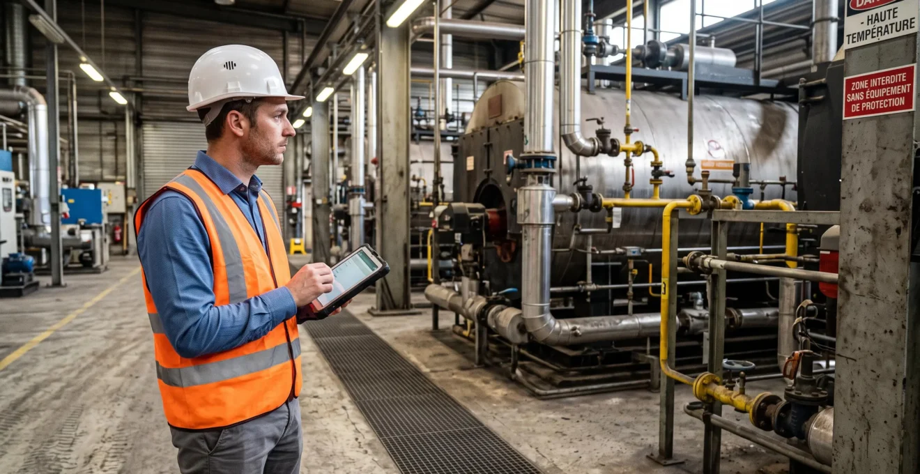Responsable énergie réalisant un audit sur site dans une installation industrielle avec équipement de combustion au gaz naturel