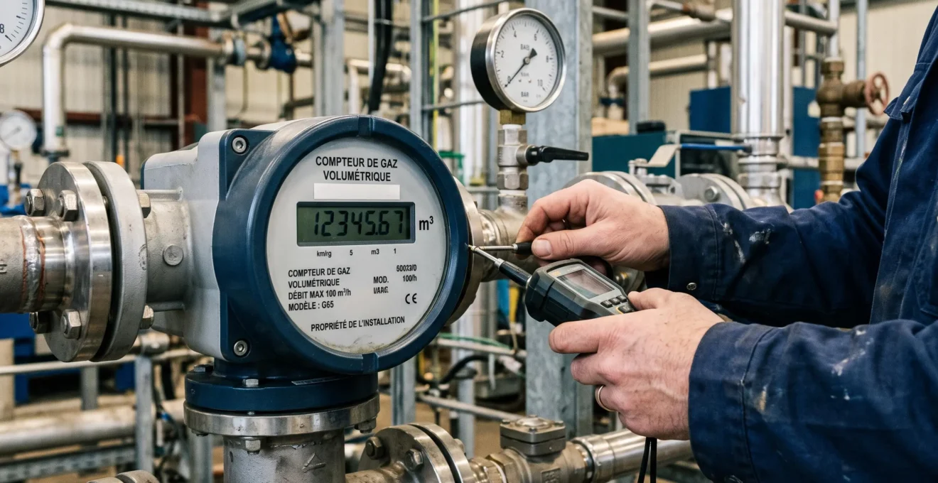 Mains de technicien contrôlant un compteur volumétrique de gaz naturel industriel avec dispositif d'inspection numérique