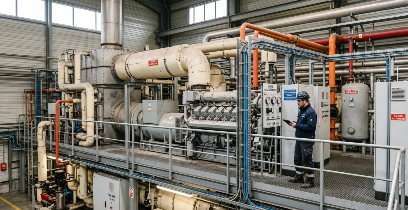 Installation de cogénération au gaz naturel dans une salle des machines industrielle avec ingénieur effectuant une inspection de maintenance