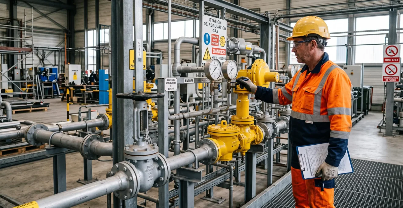 Technicien industriel inspectant une station de régulation de pression de gaz naturel dans une installation industrielle française